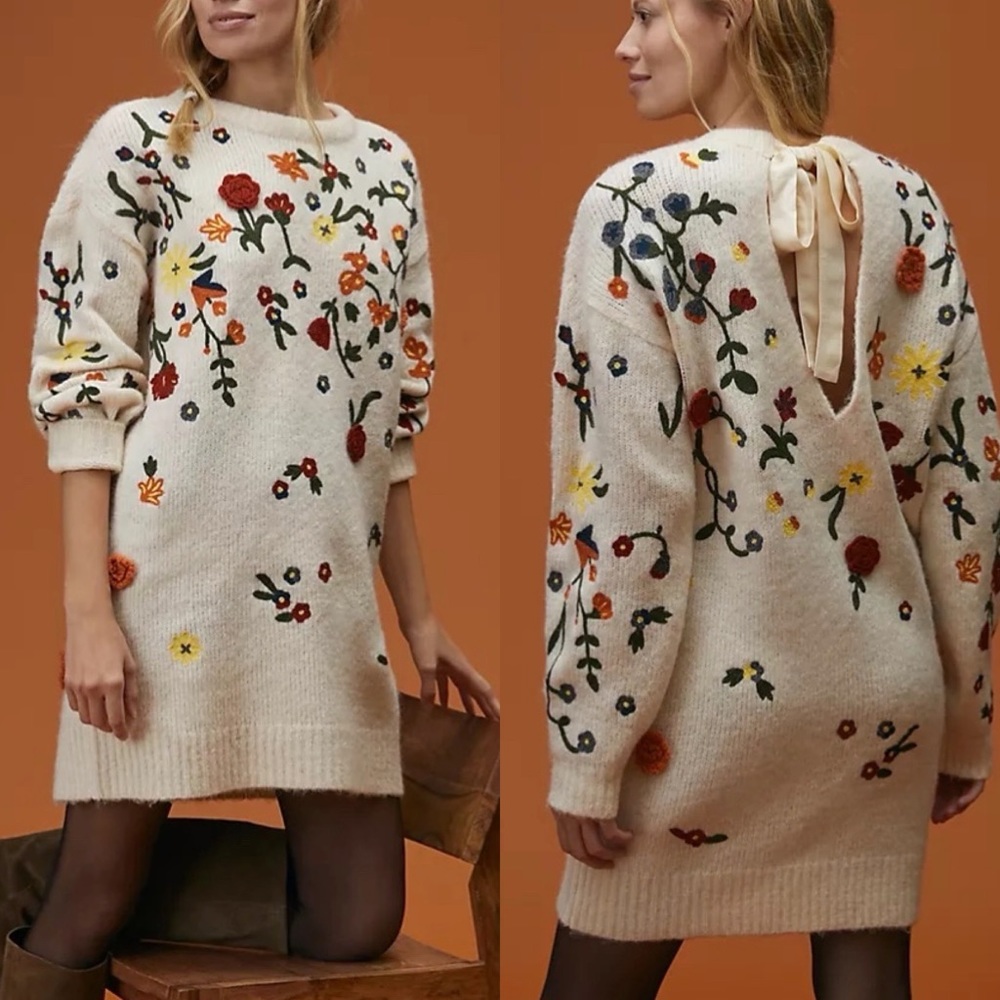 Anthropologie Floral Appliqued Sweater Tunic Dress Alpaca Blend NWT